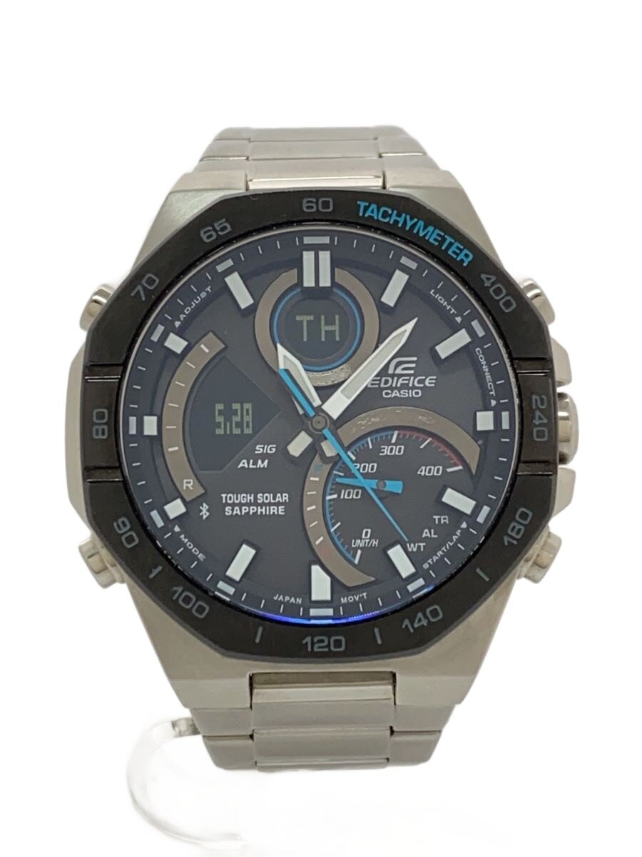 【中古】CASIO◆ソーラー腕時計/アナログ/ステンレス/BLK/SLV/ECB-950【服飾雑貨他】
