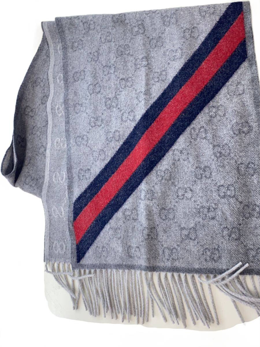 【中古】GUCCI◆マフラー/ウール/GRY/総柄/メンズ【服飾雑貨他】