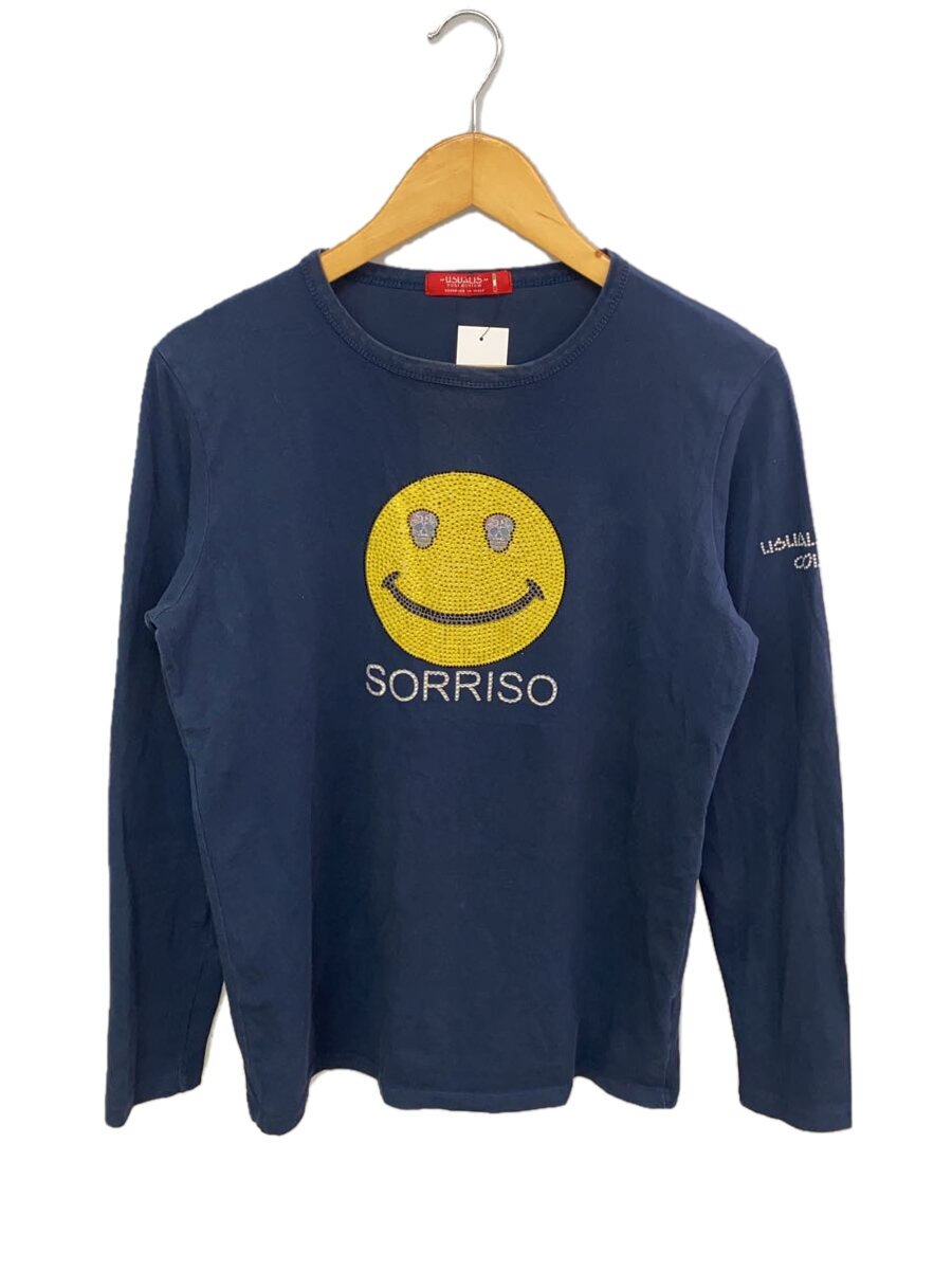 USUALIS◆SORRISO Rhinestone L/S Tee/長袖Tシャツ/L/コットン/NVY