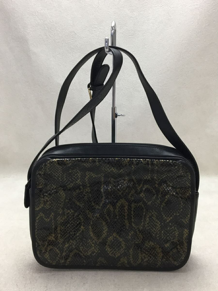 【中古】FENDI◆パイソン柄/フラップ付ショルダーバッグ/レザー/BLK/無地【バッグ】