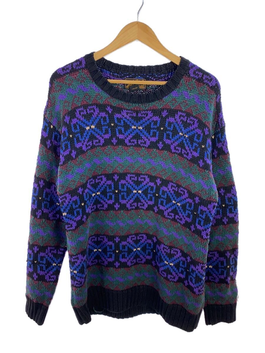 【中古】EDDIE BAUER◆80s/90s/ピラミッドタグ/黒タグ/ニット・セーター(厚手)/S/コットン/マルチカラー/総柄【メンズウェア】