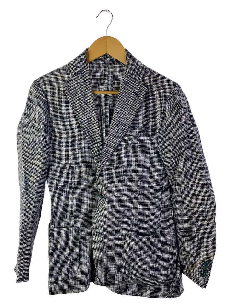 【中古】LARDINI◆テーラードジャケット/44/リネン/ブルー/千鳥格子【メンズウェア】