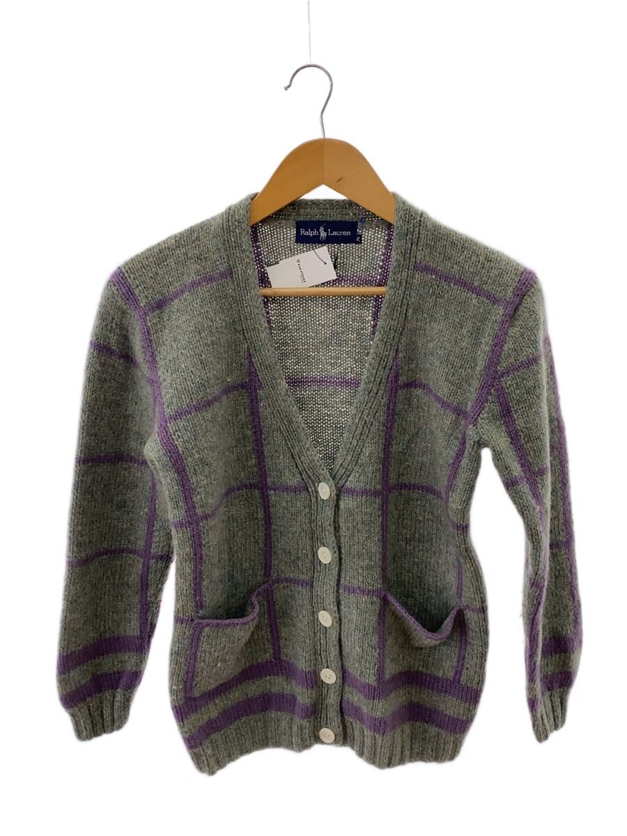 【中古】RALPH LAUREN◆90s/Vネックニットカーディガン/SIZE:M/ウール/グリーン/チェック/レディース【メンズウェア】