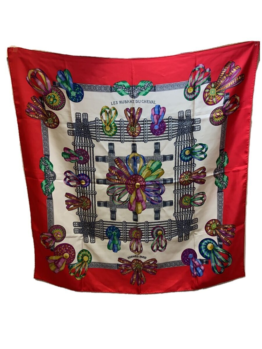 【中古】HERMES◆カレ90/馬のリボン/LES RUBANS DU CHEVAL/スカーフ/シルク/RED/総柄/レディース【服飾雑貨他】