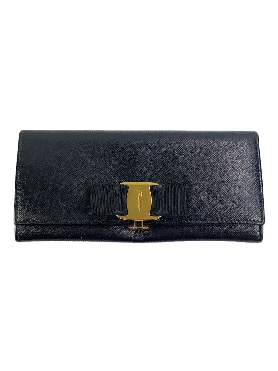 【中古】Salvatore Ferragamo◆長財布/ヴァラリボン/レザー/BLK/無地/レディース【服飾雑貨他】
