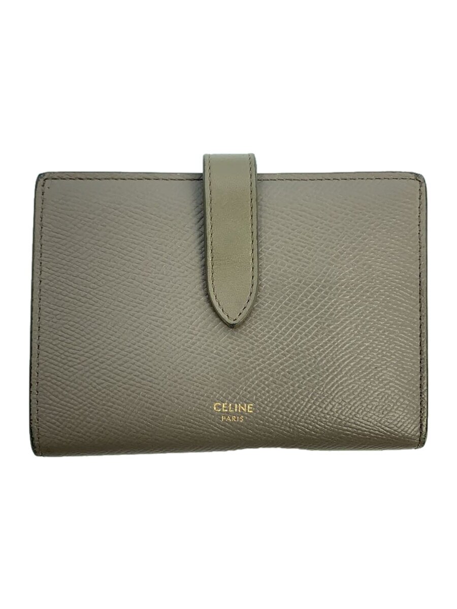 【中古】CELINE◆ミディアムストラップウォレット/2つ折り財布/レザー/グレ/無地/レディース/10B643BRU【服飾雑貨他】