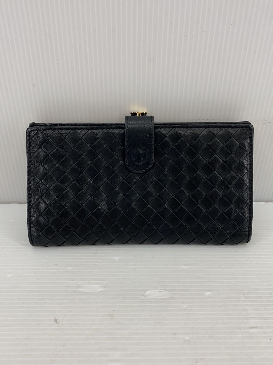 【中古】BOTTEGA VENETA◆長財布/レザー/BLK/レディース/イントレチャート/がま口【服飾雑貨他】