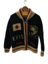 【中古】EVISU◆カウチン/ニットジャケット/ブラックバス/日本国旗/カーディガン(厚手)/38/ブラック【メンズウェア】
