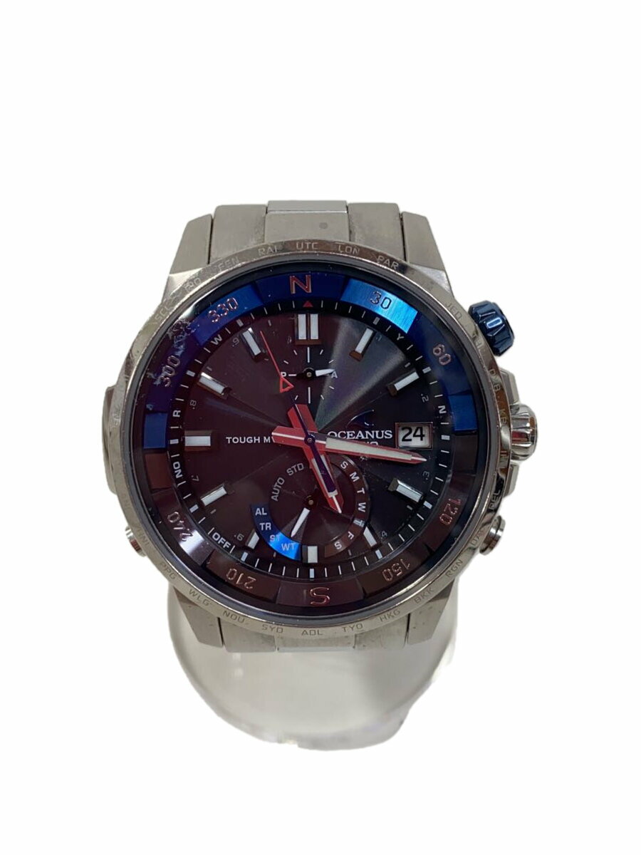 【中古】CASIO◆ソーラー腕時計・OCEANUS/アナログ/ステンレス/BLK/SLV【服飾雑貨他】
