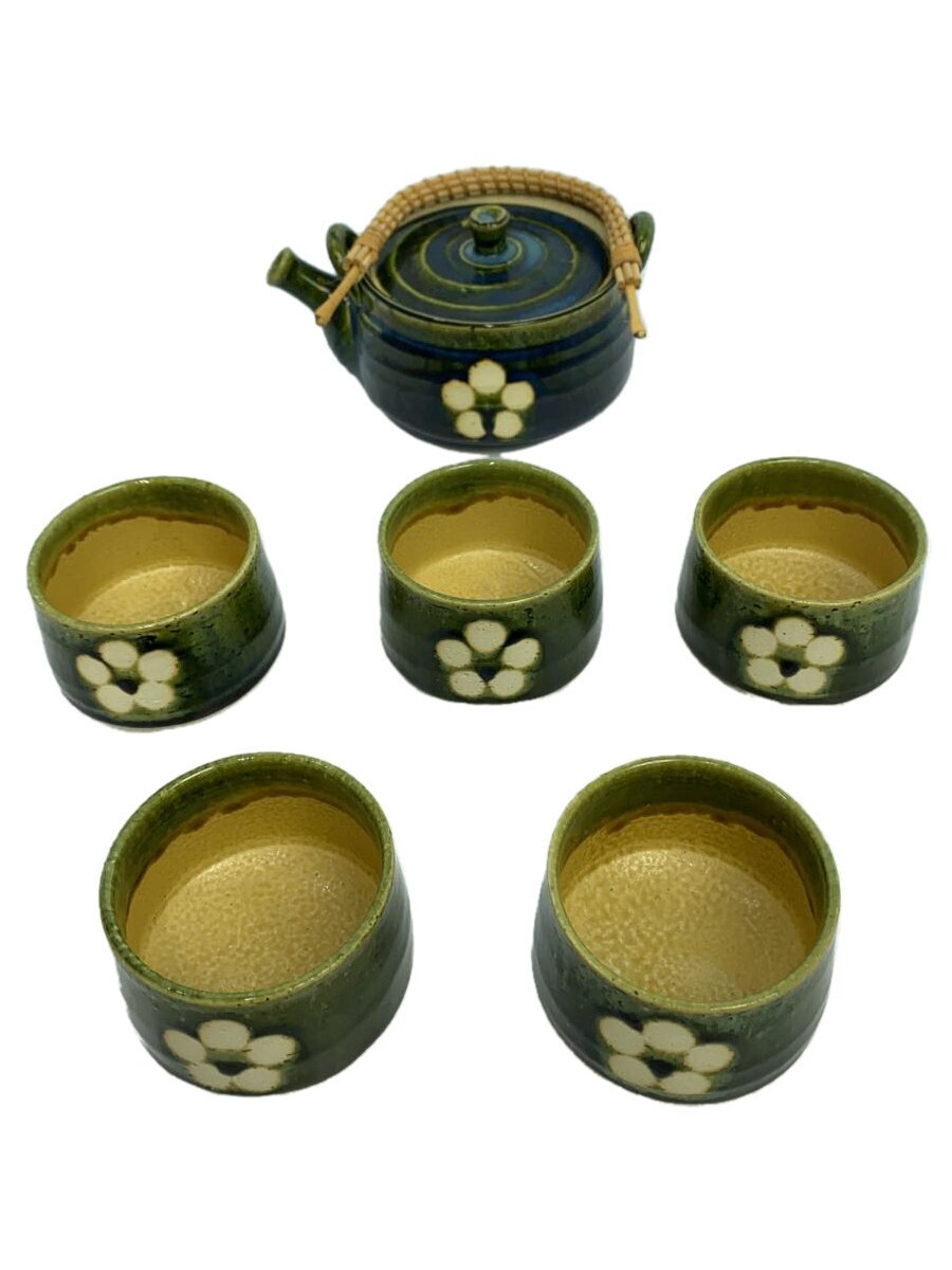 【中古】織部梅紋急須セット/寺田美山作湯呑/6点セット/グリーン/茶器【キッチン用品】