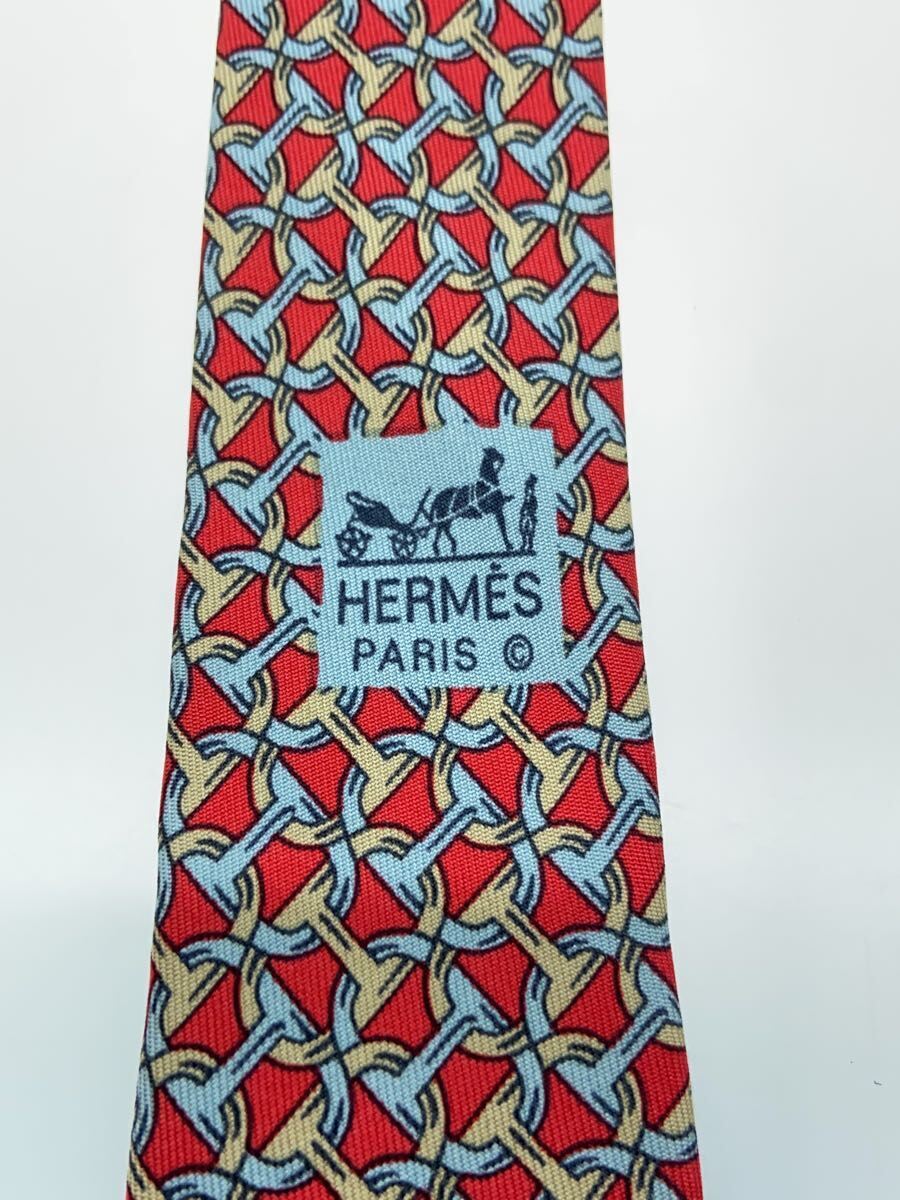 【中古】HERMES◆シェーヌダンクル柄/ネクタイ/シルク/RED/総柄/メンズ/664/【服飾雑貨他】