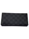 【中古】LOUIS VUITTON◆ポルト・フォイユ・ロン_ダミエ・グラフィット_BLK/PVC/WHT/メンズ【服飾雑貨他】