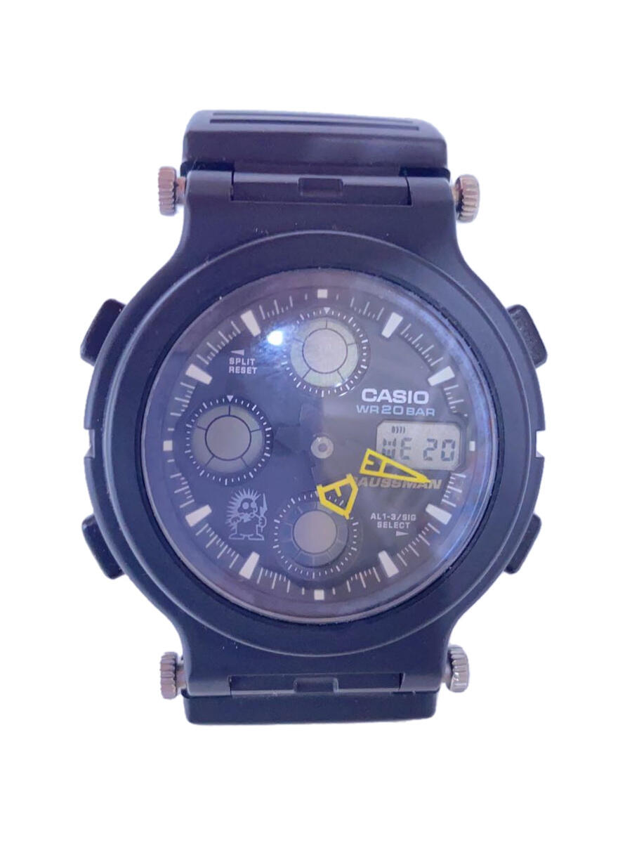 【中古】CASIO◆クォーツ腕時計/アナログ/ラバー/BLK/BLK/AW-571【服飾雑貨他】