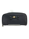 【中古】COACH◆小物/ポーチ/ラウンドファスナー/リボンモチーフ/レザー/ネイビー/紺色/無地【服飾雑貨他】