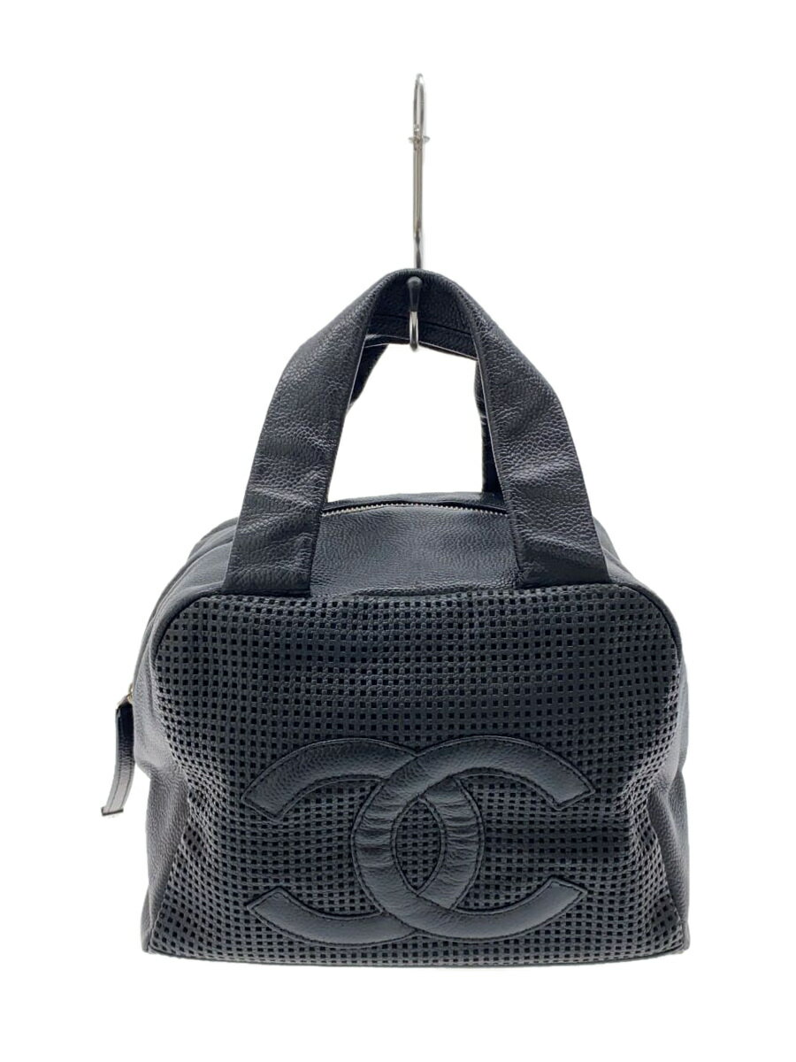 【中古】CHANEL◆A27162/ボストンバッグ/キャビアスキン/BLK/パンチングレザー/スクエア/ハンドバッグ【バッグ】