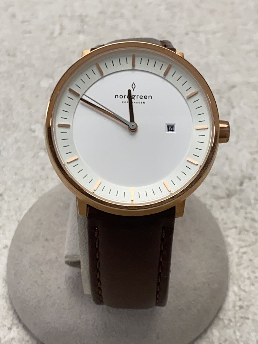 【中古】nordgreen◆クォーツ腕時計/アナログ/レザー/WHT/BRW//【服飾雑貨他】