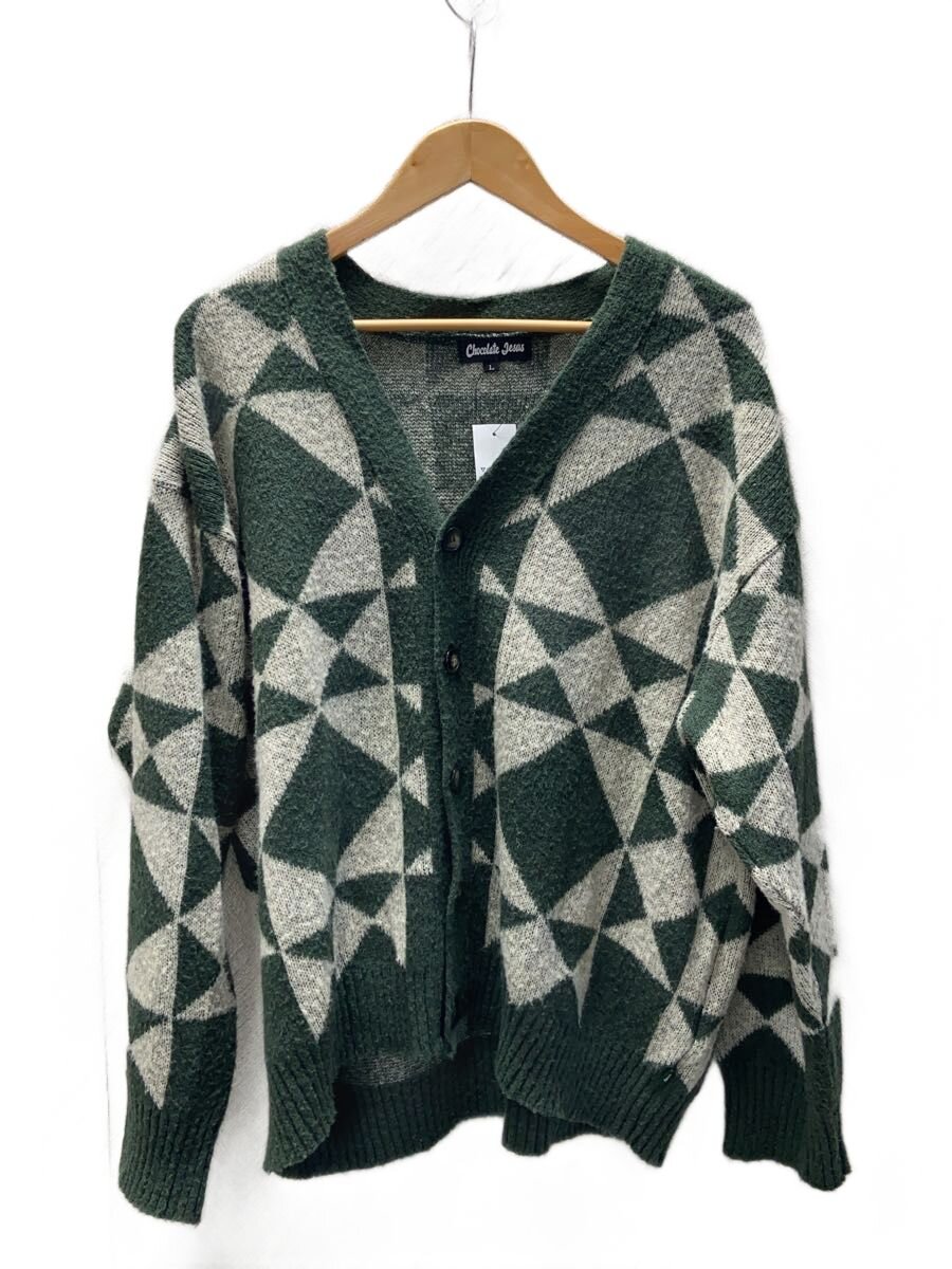 【中古】Chocolate Jesus◆カーディガン(薄手)/L/アクリル/GRN/総柄//【メンズウェア】