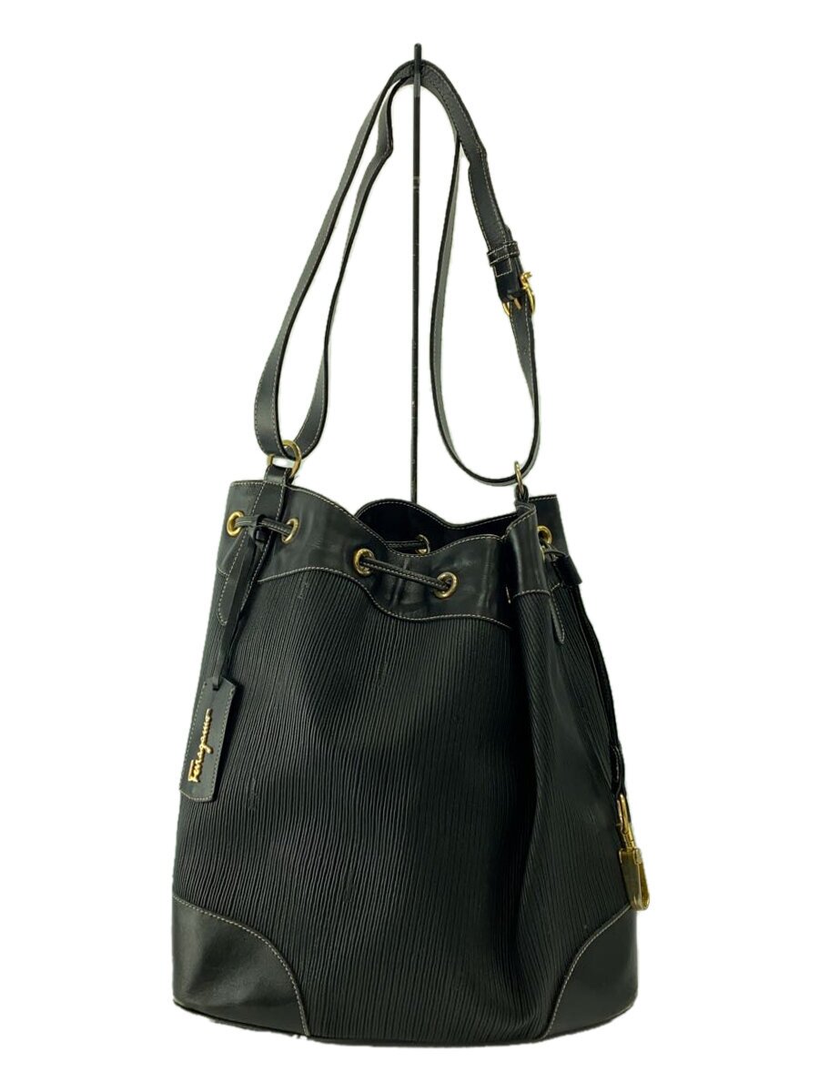 【中古】Salvatore Ferragamo◆90s/巾着バッグ/レザー/ブラック/ag21 2199/角スレ有【バッグ】