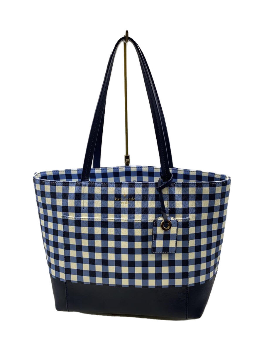 【中古】kate spade new york◆トートバッグ/レザー/BLU/チェック/S362//【バッグ】