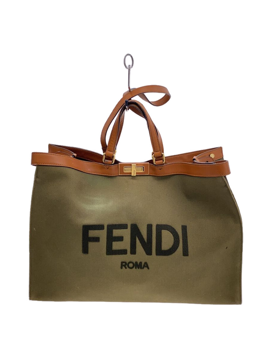 【中古】FENDI◆トートバッグ/ピーカブー/キャンバス/KHK/キャンバス地色褪せ・ハンドル変色割れ有//【バッグ】