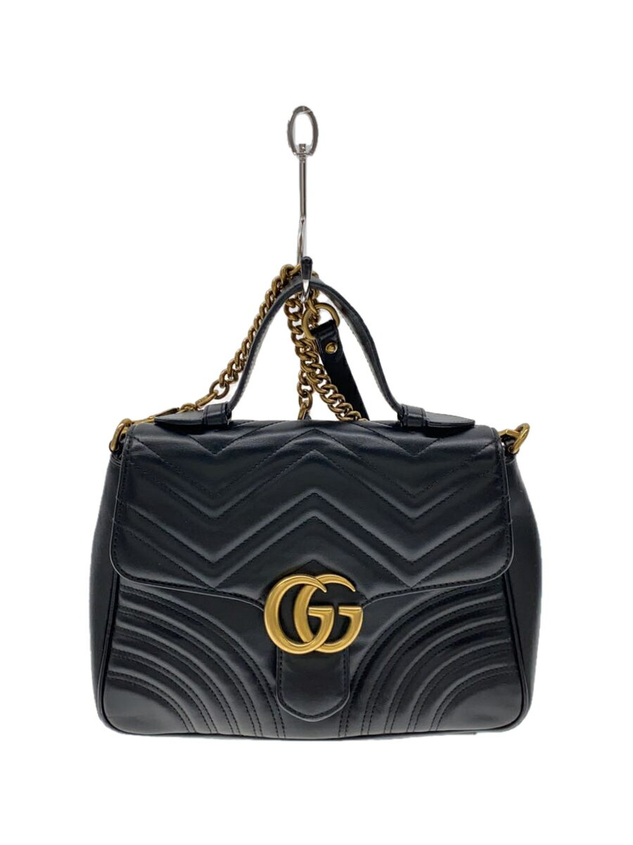 【中古】GUCCI◆ハンドバッグ_GGマーモント_キルティング/レザー/BLK/無地