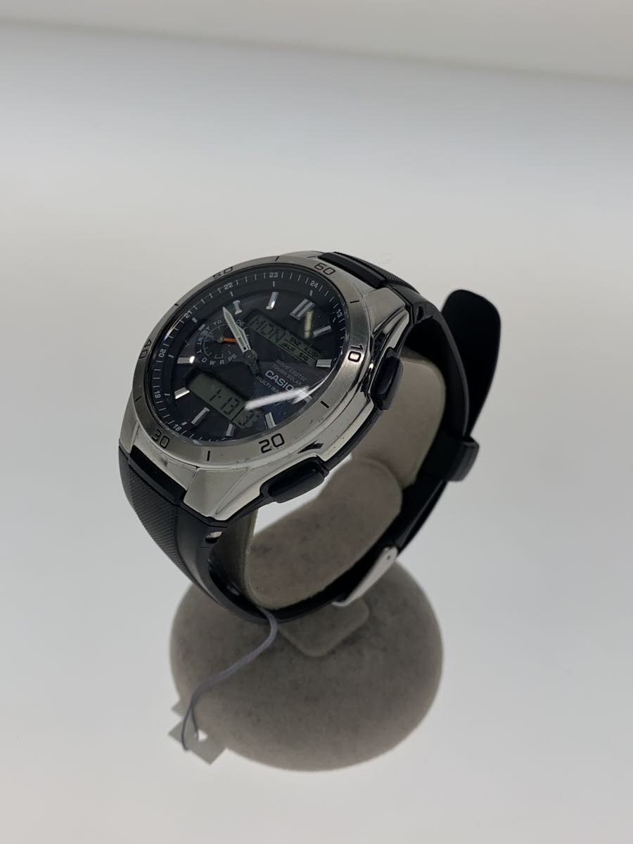 【中古】CASIO◆ソーラー腕時計・WAVECEPTOR/デジアナ/ラバー/BLK【服飾雑貨他】