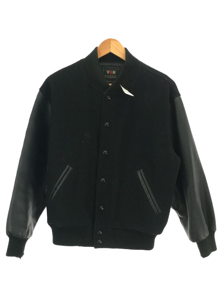 【中古】VAN◆VAN JACKET/スタジャン/ブルゾン/レザー/ウール/ブラック/ブラック/無地/袖口破れ【メンズウェア】