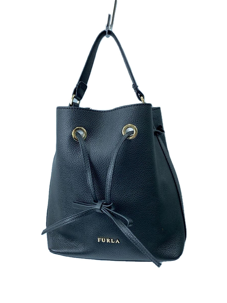 【中古】FURLA◆巾着/ハンドバッグ/レザー/ブラック/黒【バッグ】