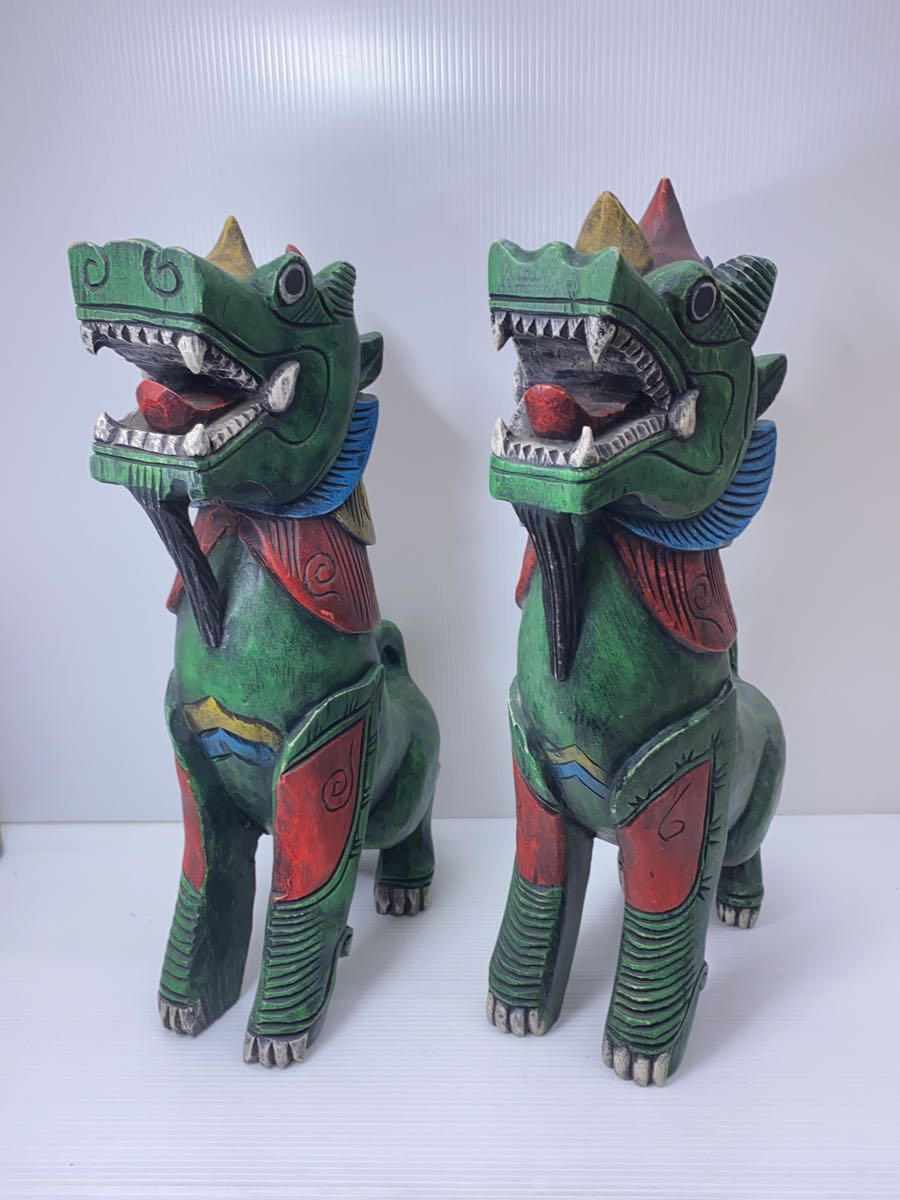 【中古】インテリア雑貨/2点セット/ Wooden Chinese Foo Dog Lion Dragon Statue【インテリア小物 日用雑貨】