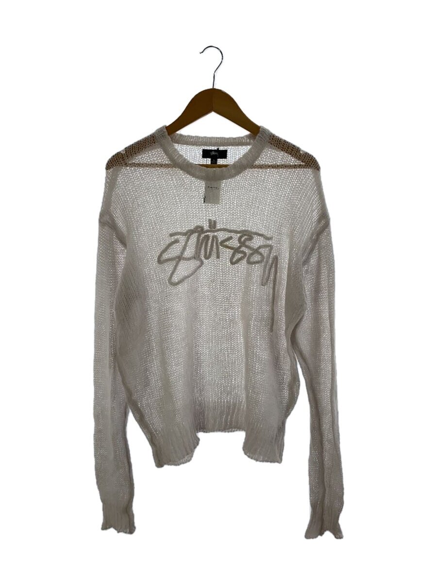 【中古】STUSSY◆LOOSE KNIT LOGO SWEATER/L/ウール/WHT/モヘヤ混/フロント汚れ有//【メンズウェア】