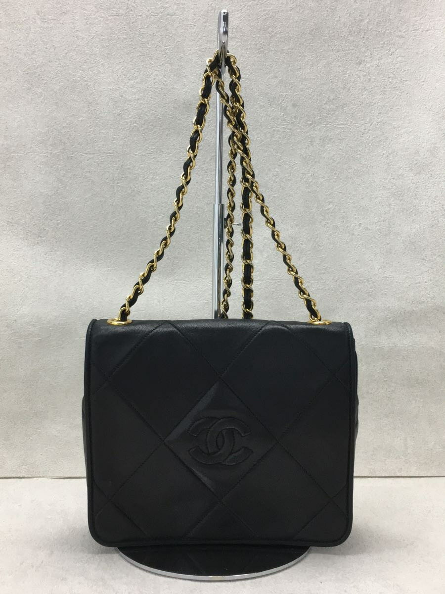 【中古】CHANEL◆オールドシャネル/チェーンショルダー/スクエアバッグ/フルフラップ/羊革/ラムスキン/マトラッセ/黒【バッグ】