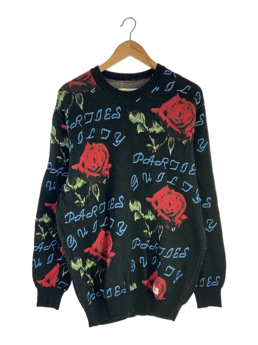 【中古】WACKO MARIA◆22AW/ROSE JACQUARD SWEATER/ニット・セーター(薄手)/L/コットン/BLK/総柄【メンズウェア】