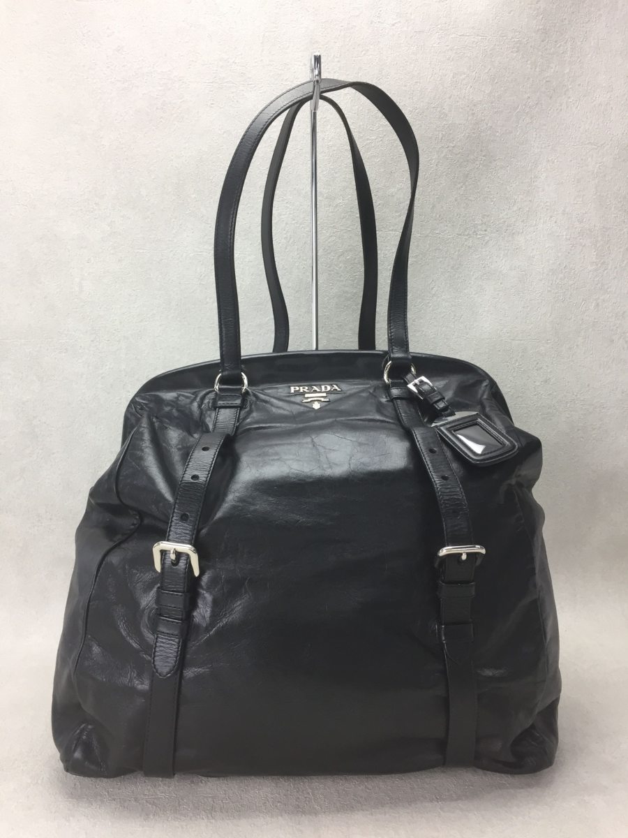 【中古】PRADA◆ハンドバッグ/レザー/BLK/無地【バッグ】