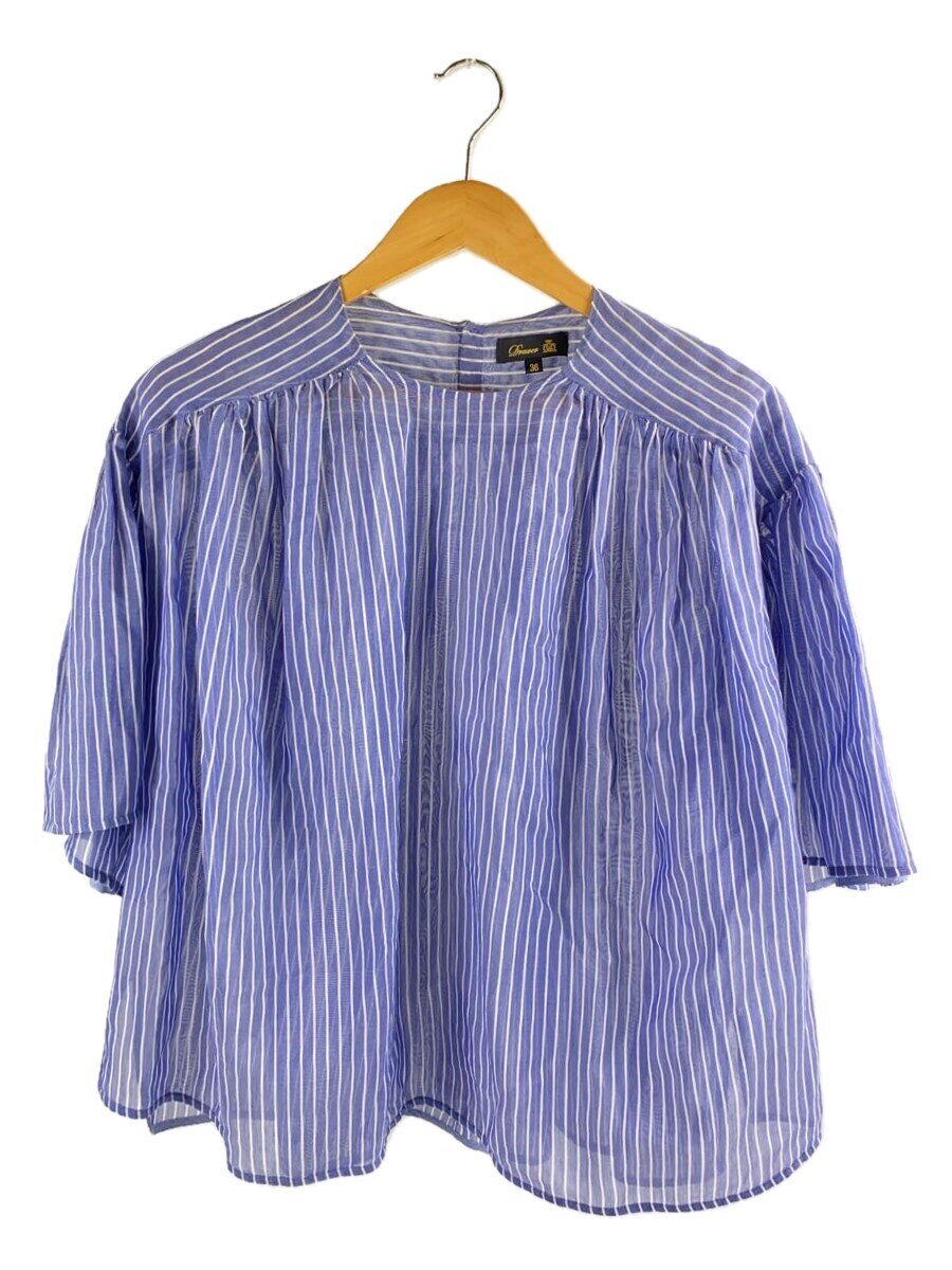 【中古】DRAWER◆ストライプフレアブラウス/半袖ブラウス/36/コットン/BLU/ストライプ/6521-299-0629【レディースウェア】