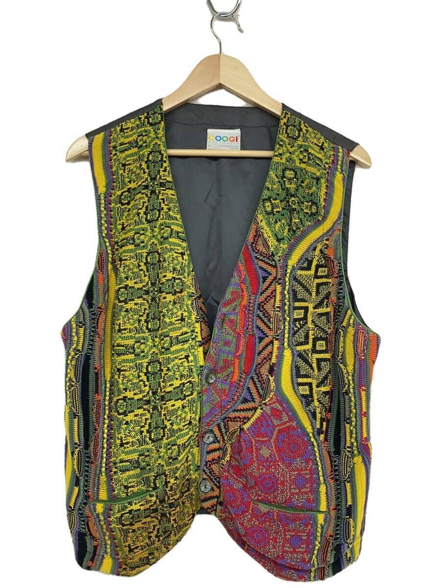 【中古】COOGI◆3Dジレニットベスト/ニットベスト(薄手)/L/コットン/GRY/総柄/ボタン欠損【メンズウェア】