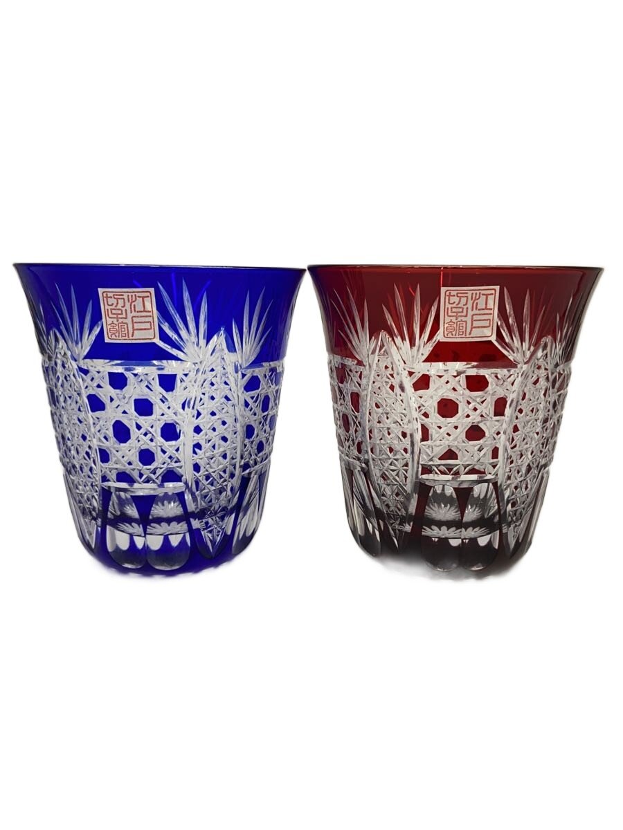 【中古】江戸切子◆ヒロタグラスクラフト/RED/BLU/グラス/2点セット【キッチン用品】