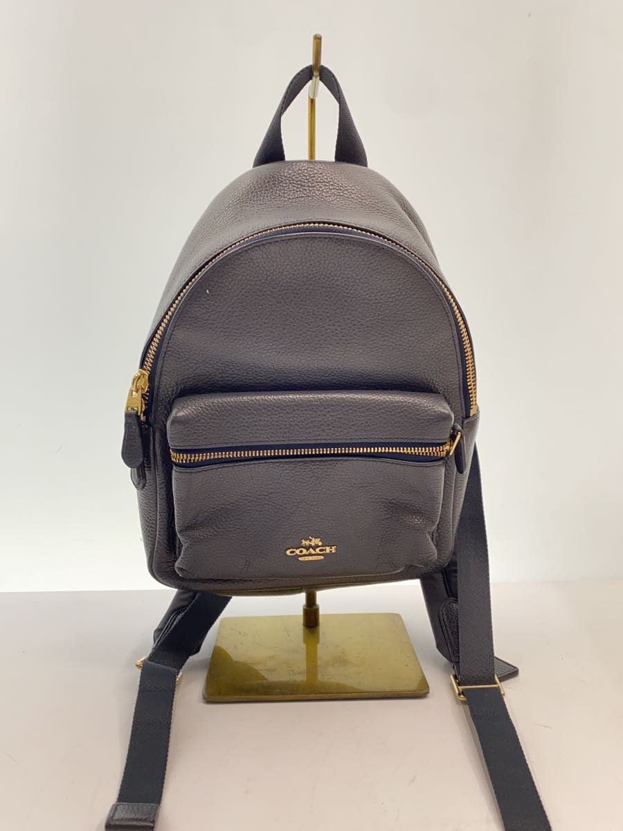 【中古】COACH◆ミニチャーリー_ブラック/レザー/NVY/無地【バッグ】