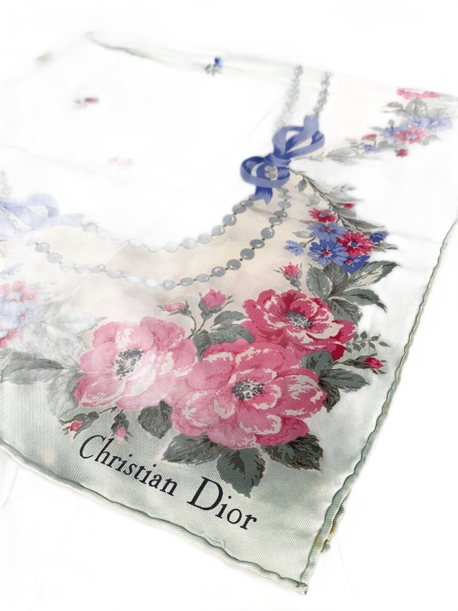 【中古】Christian Dior◆スカーフ/シルク/BLU/総柄/レディース【服飾雑貨他】