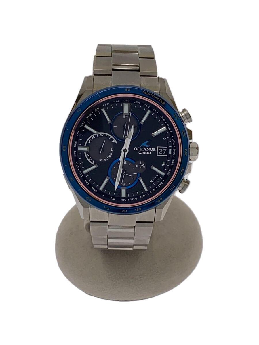 【中古】CASIO◆ソーラー腕時計_OCEANUS/アナログ/チタン/BLK/SLV/チタン【服飾雑貨他】