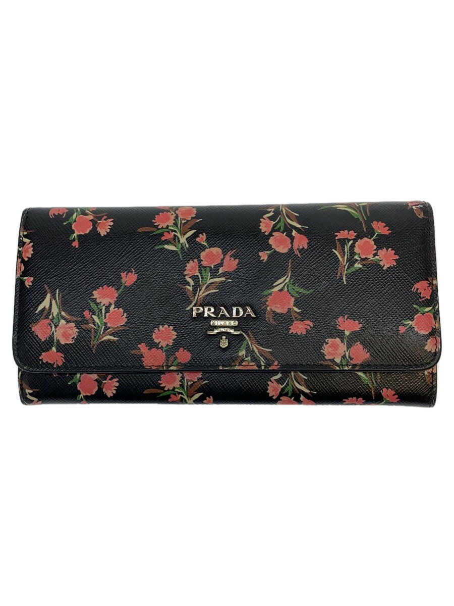 【中古】PRADA◆長財布/レザー/BLK/花柄/レディース【服飾雑貨他】