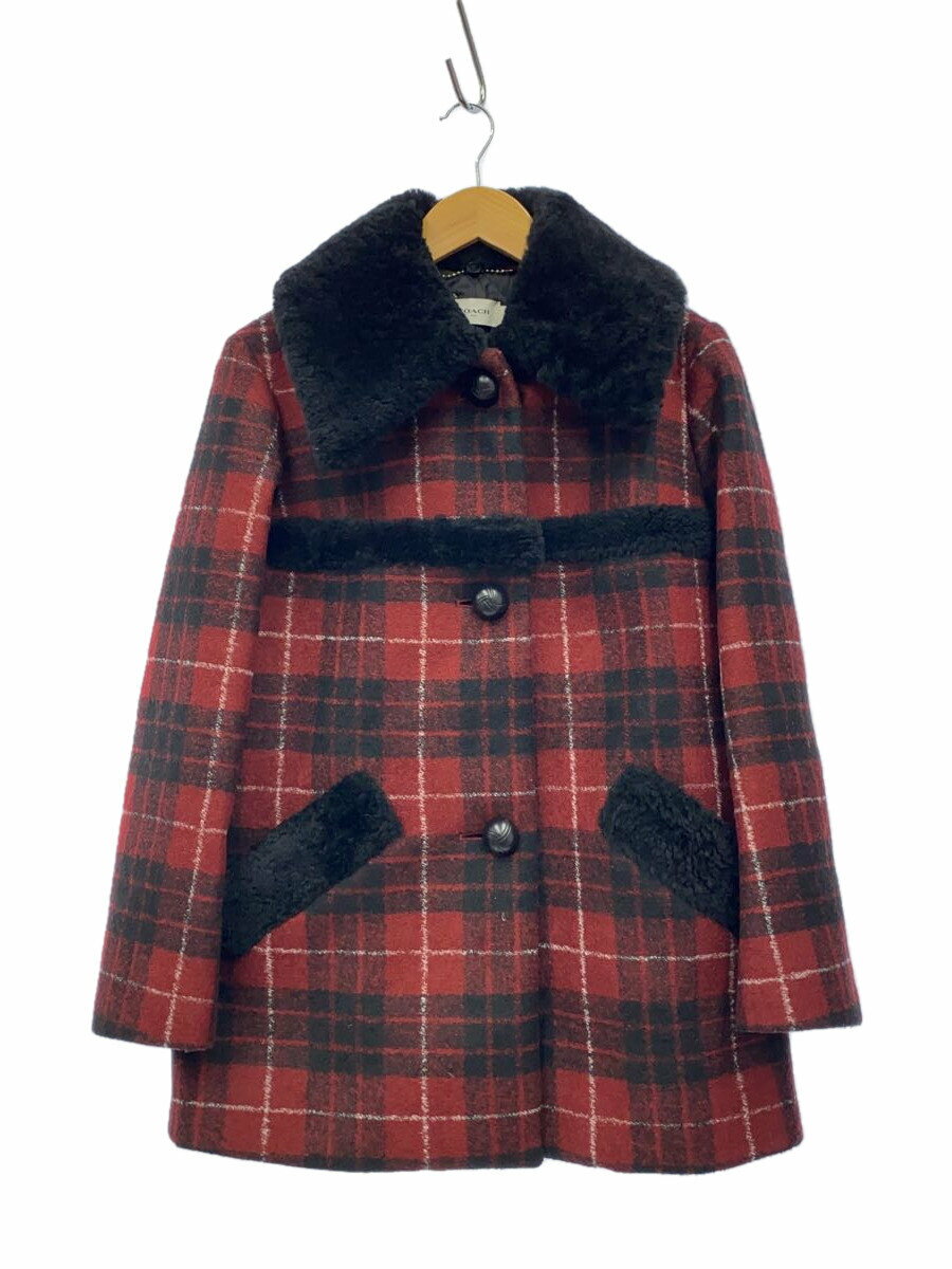 【中古】COACH◆SHEARLING WOOL COAT/0/ウール/レッド/チェック/78970【レディースウェア】