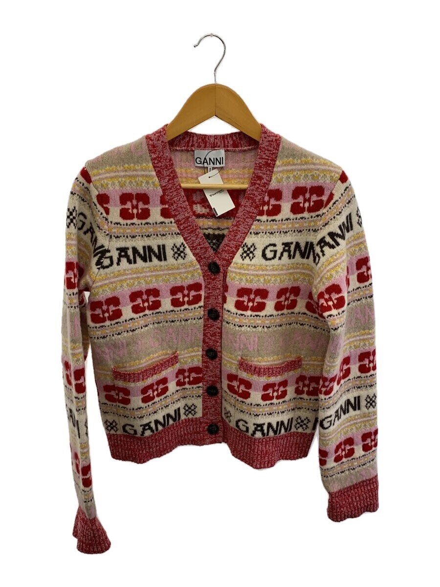GANNI◆カーディガン(厚手)/S/ウール/PNK/総柄/K1959/Logo Wool Mix Cardigan