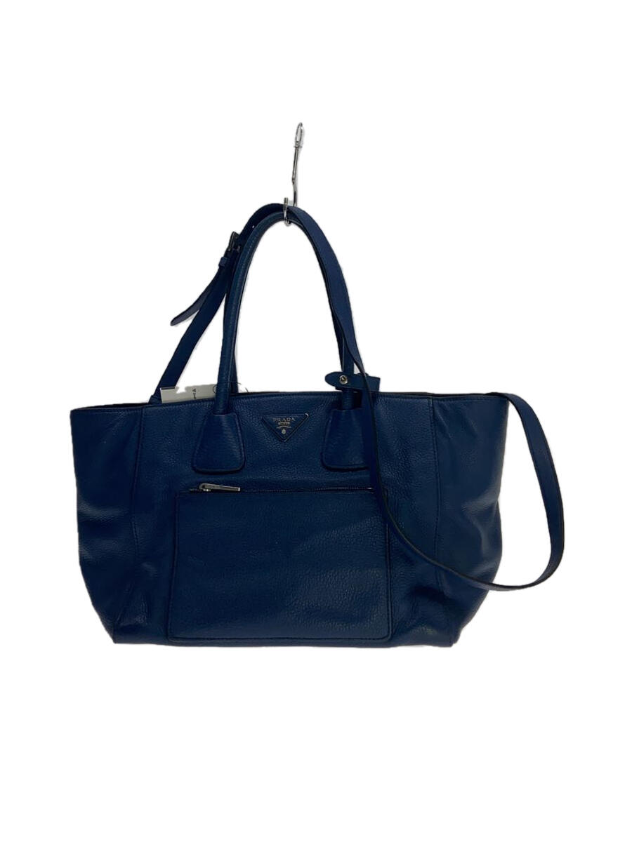 【中古】PRADA◆トートバッグ/レザー/BLU/無地【バッグ】