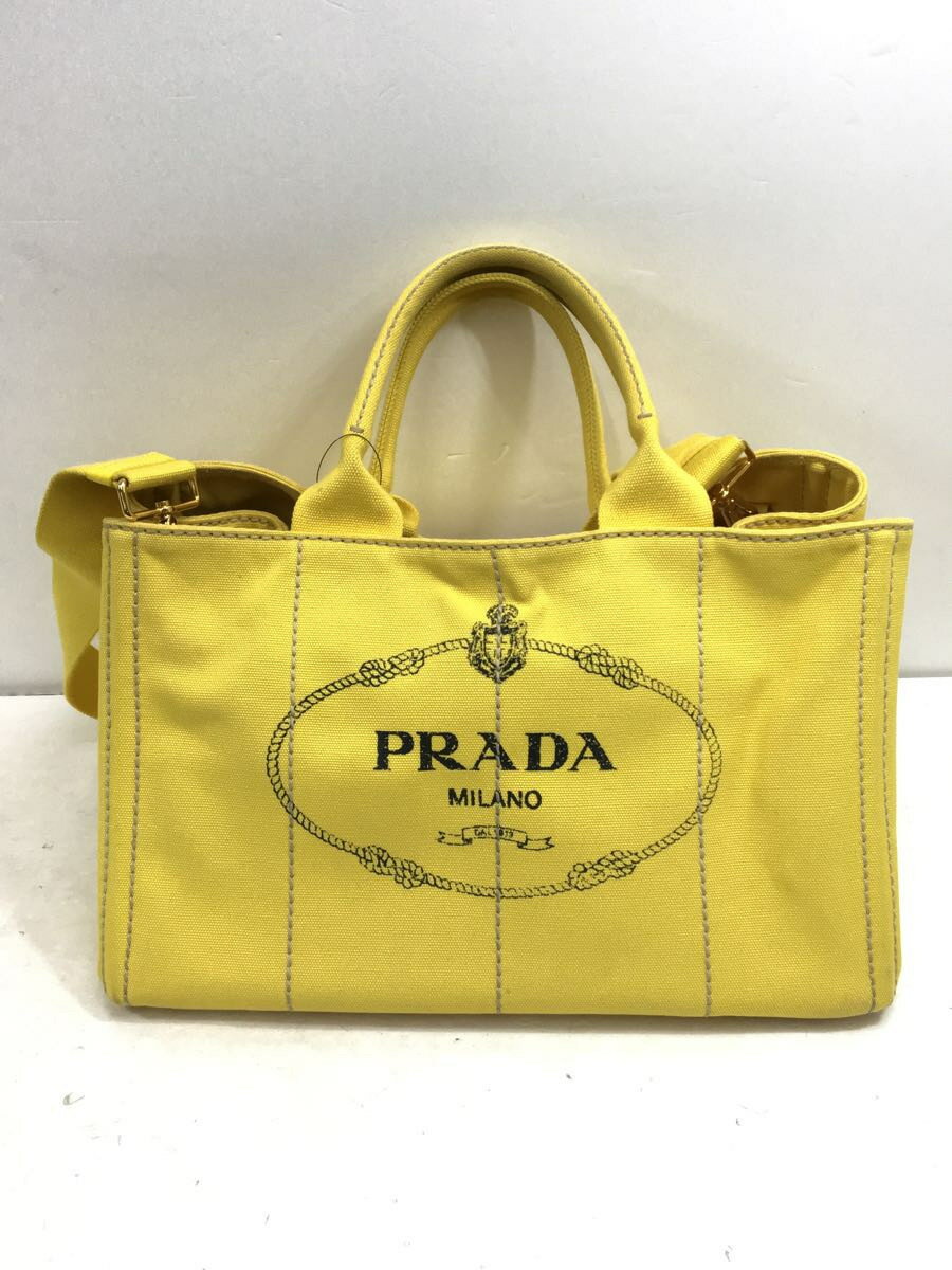 【中古】PRADA◆トートバッグ/キャンバス/YLW/無地【バッグ】