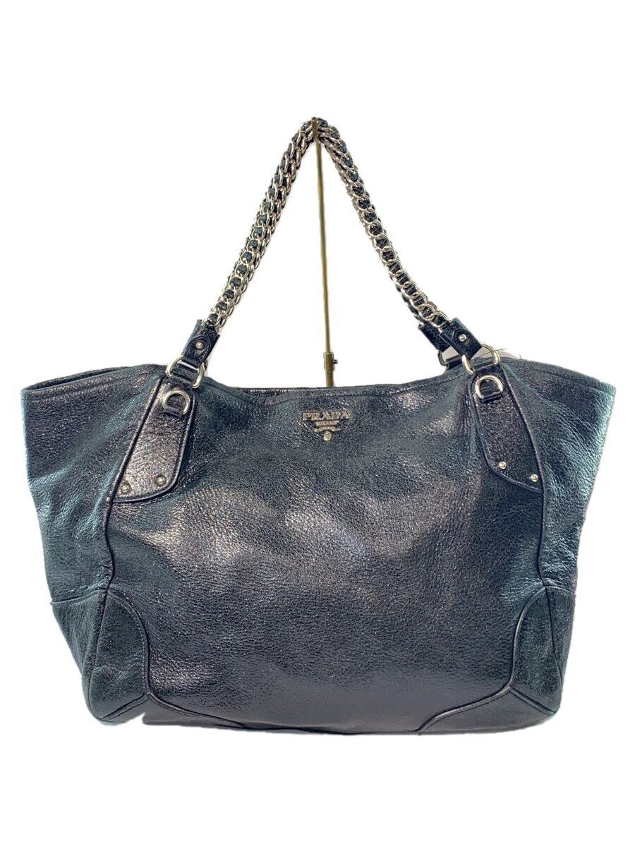 【中古】PRADA◆CERVO LUX NERO/メタリック/チェーントートバッグ/レザー/BLK【バッグ】