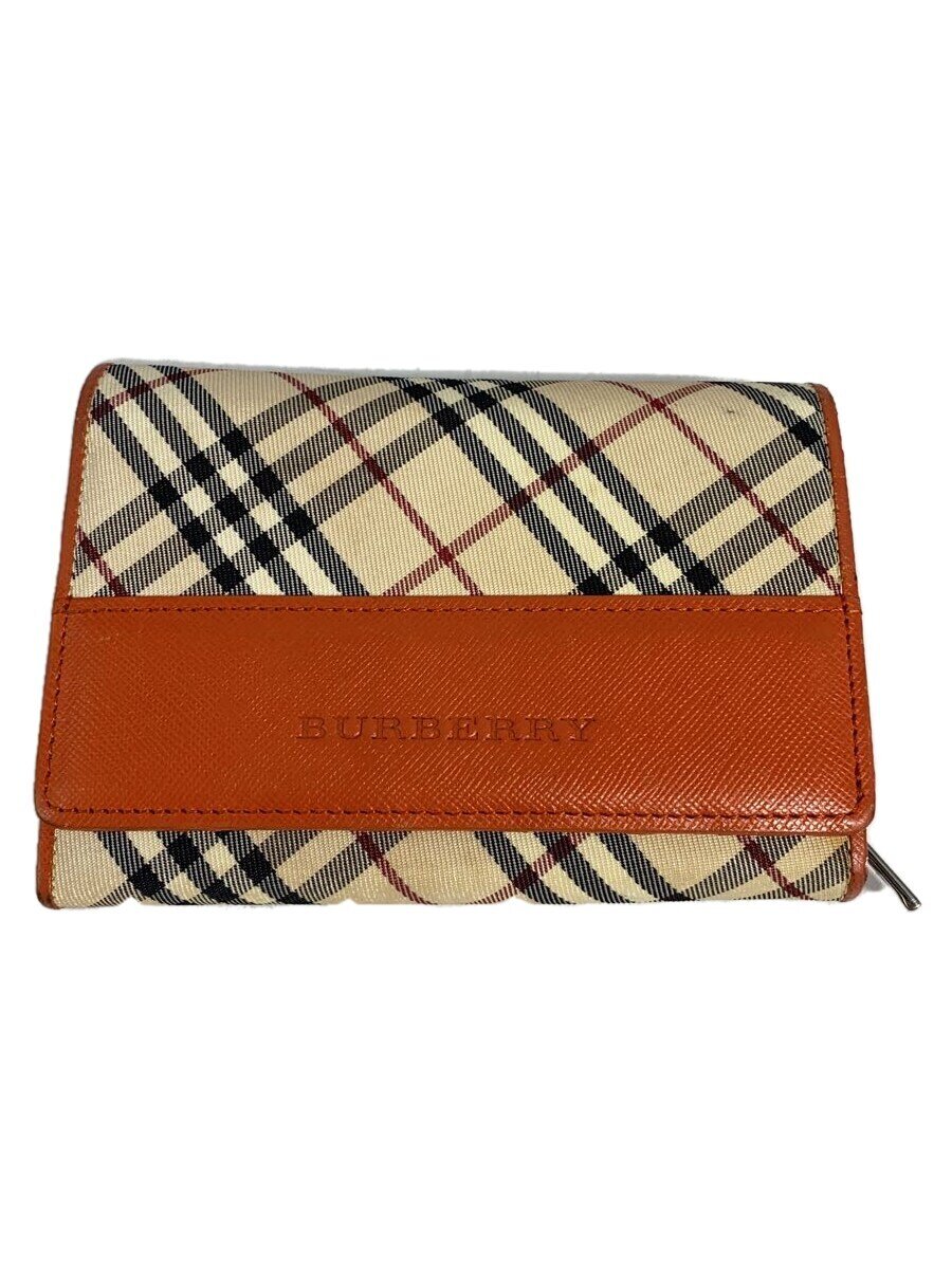 【中古】BURBERRY◆2つ折り財布/キャンバス/BEG/チェック/レディース【服飾雑貨他】