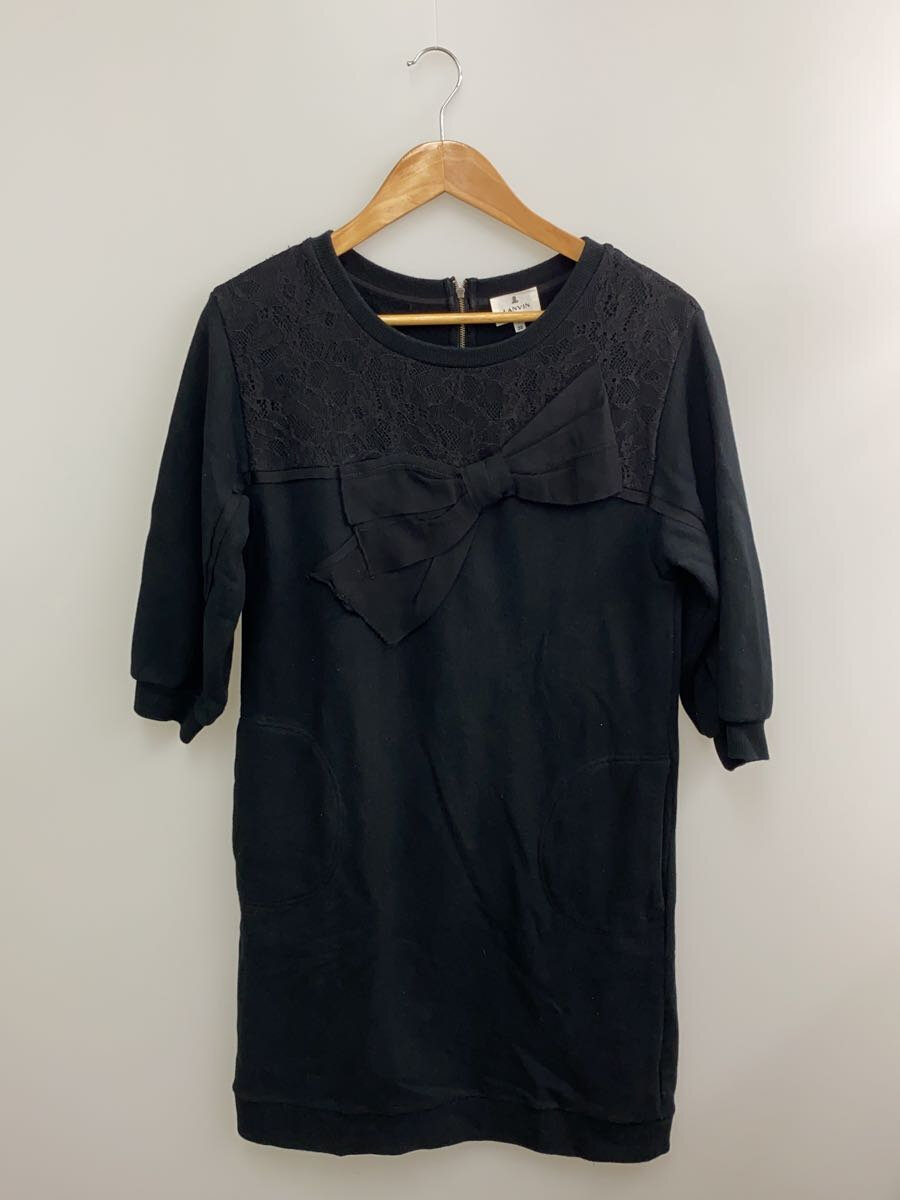【中古】LANVIN en Bleu◆7分袖ワンピース/リボン/ジップアップ/38/コットン/BLK/3726316/レディース【レディースウェア】