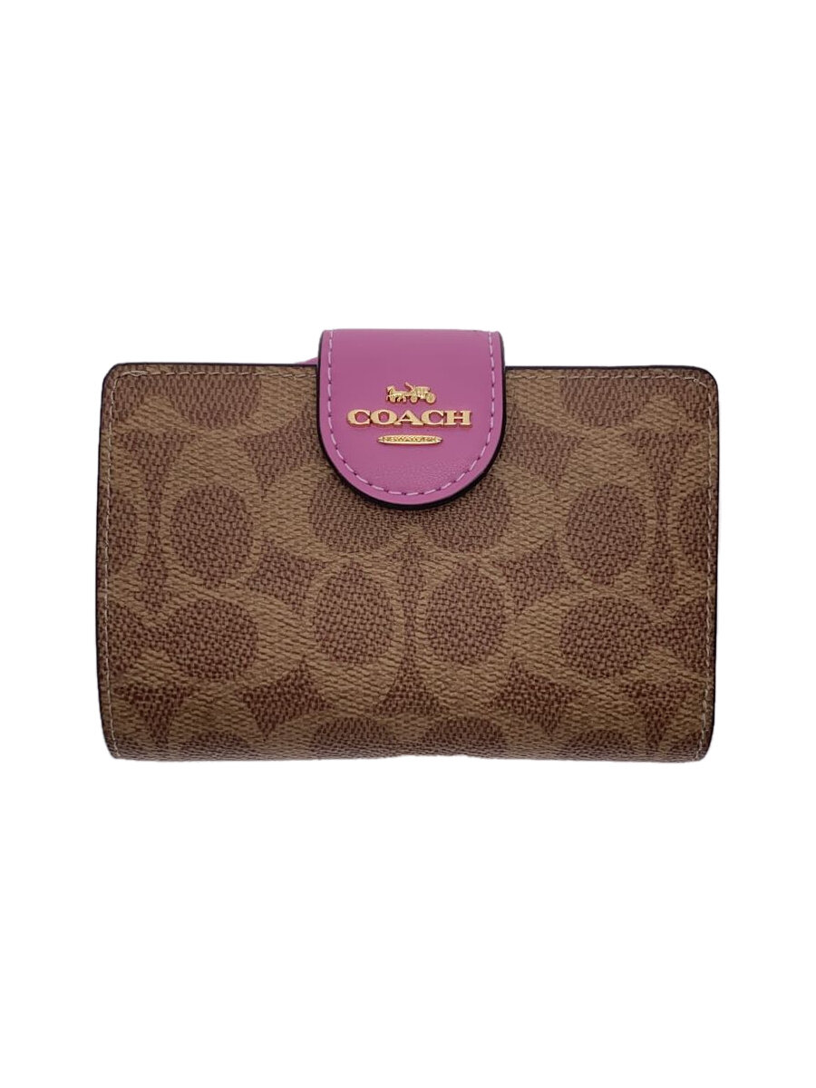 【中古】COACH◆ミディアムコーナジップウォレット・シグネチャーキャンバス/2つ折り財布/PNK/総柄【服飾雑貨他】