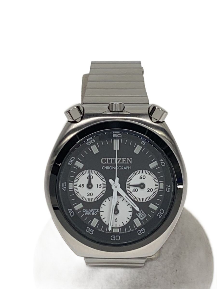 【中古】CITIZEN◆ツノクロノ/クォーツ腕時計/アナログ/ステンレス/BLK/SLV/SS/0510-S127718【服飾雑貨他】