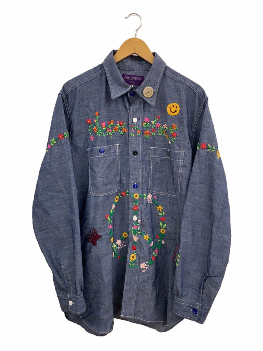 【中古】NEPENTHES◆×OTAKARA NYC/Work Shirt/Cotton Chambray/刺繍/M/コットン/インディゴ【メンズウェア】